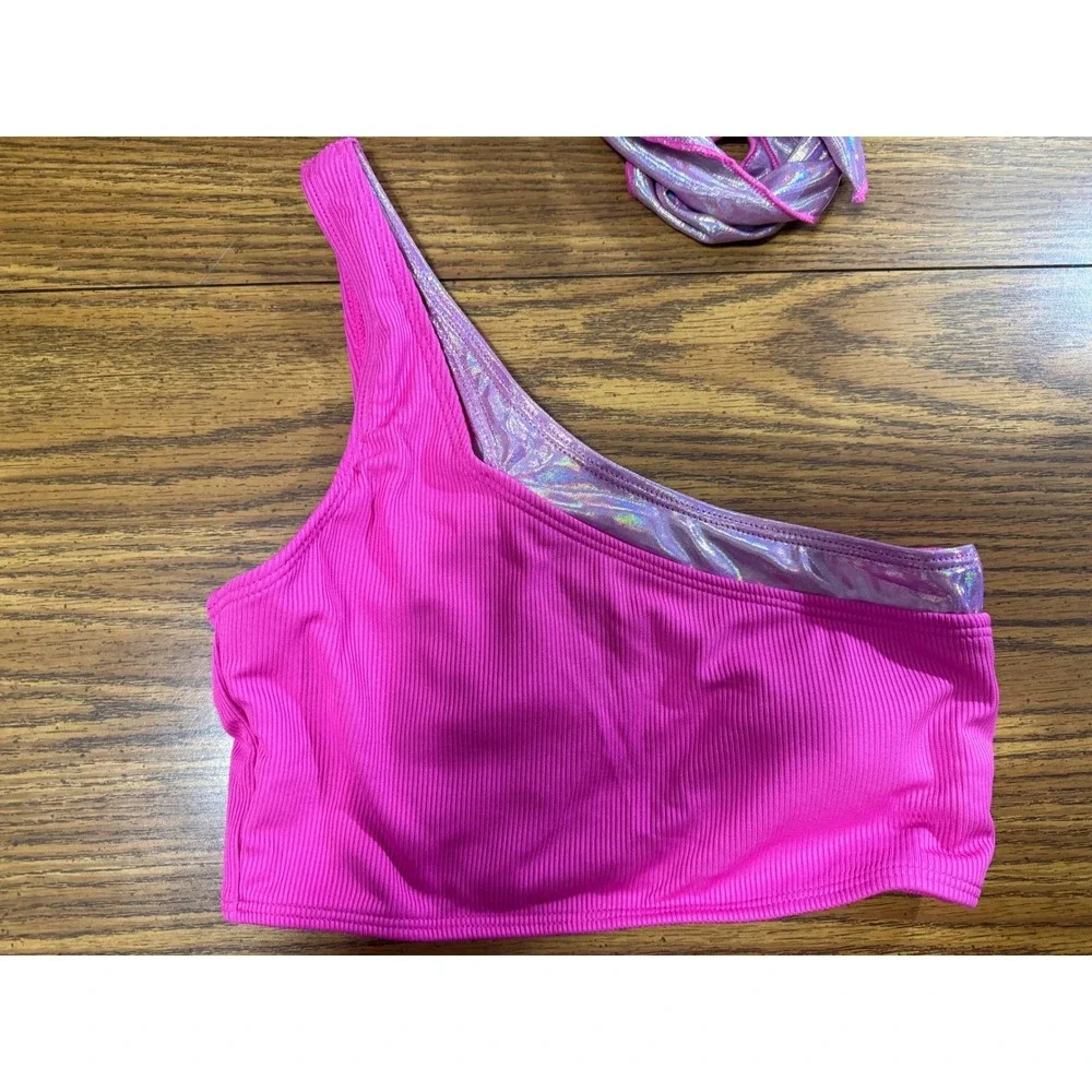 Mirawise‎ Girls Pink Metallic Swimsuit Set w/ Hair Accessory One Shoulder 12-13Y